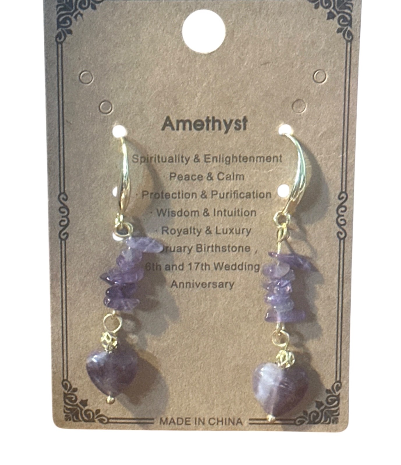 18K gold plated Earrings- amethyst- hearts- chip beads- purple-french wire