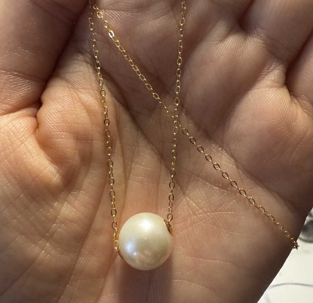 white freshwater pearl round 10.8mm lulutong 18k gold Pendant 925 Necklace NIB