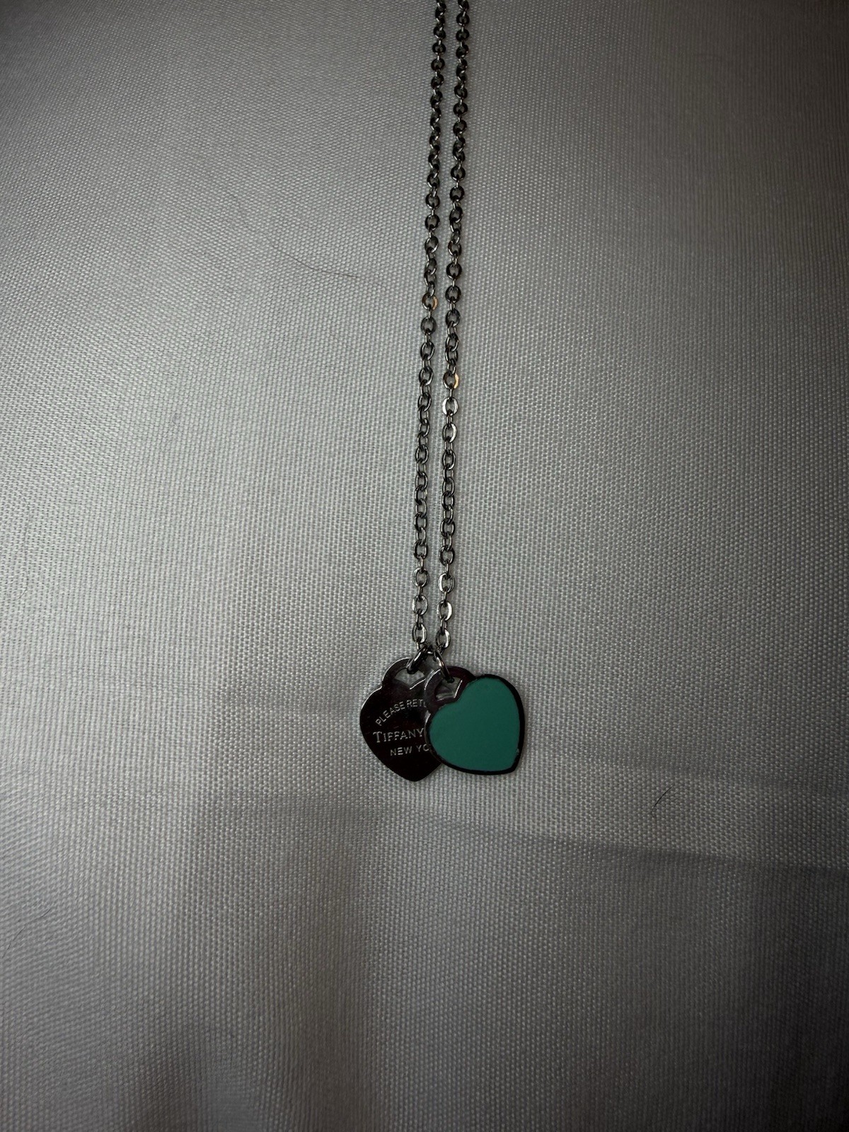 Tiffany & Co. 925 Sterling Silver Blue Enamel Double Heart Charm Cable Necklace