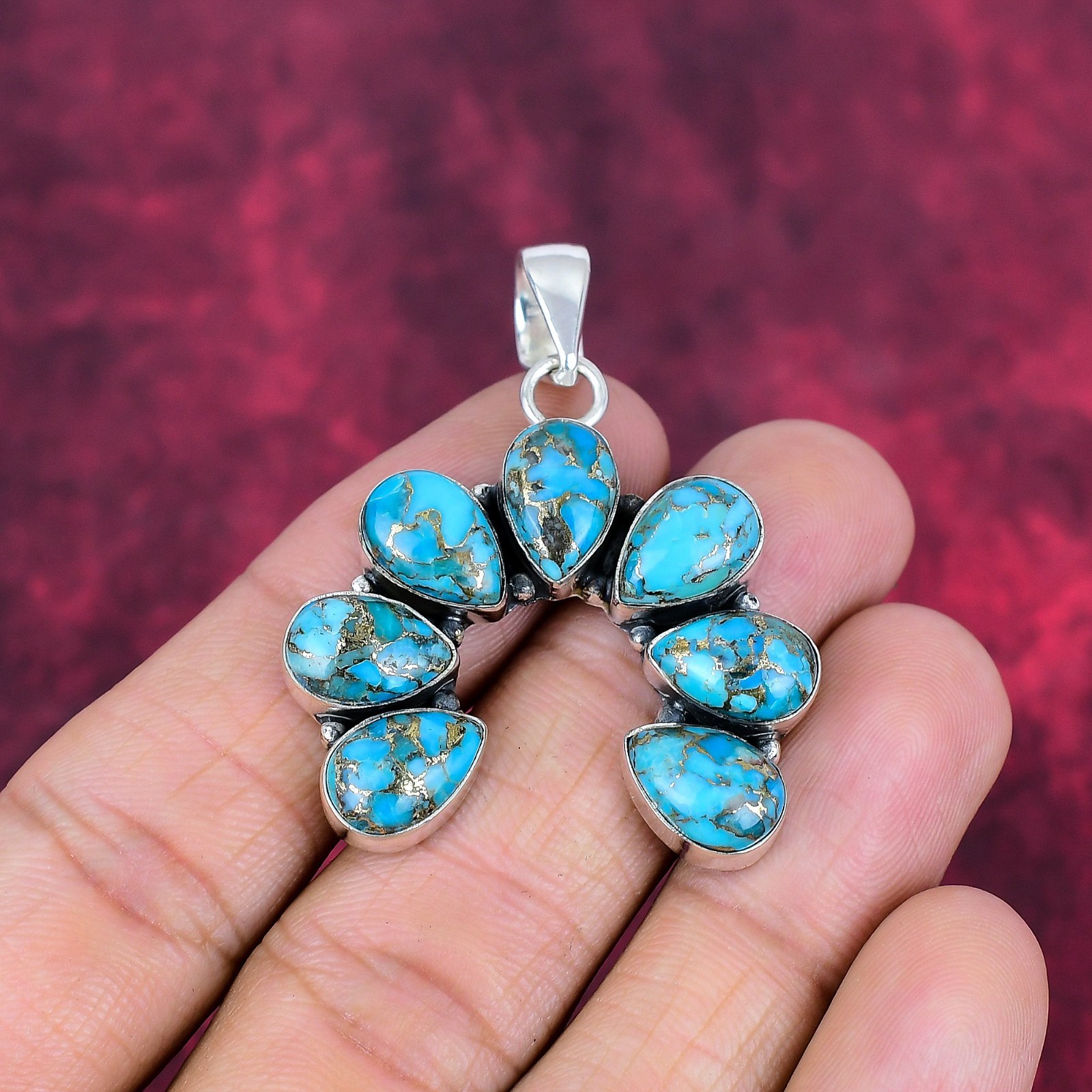 Blue Copper Turquoise Gemstones Handmade 925 Sterling Silver Pendant Jewelry