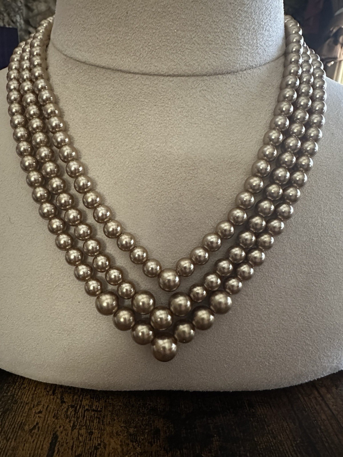 Faux Pearl Champagne Cream Triple Strand Beaded Necklace Collar