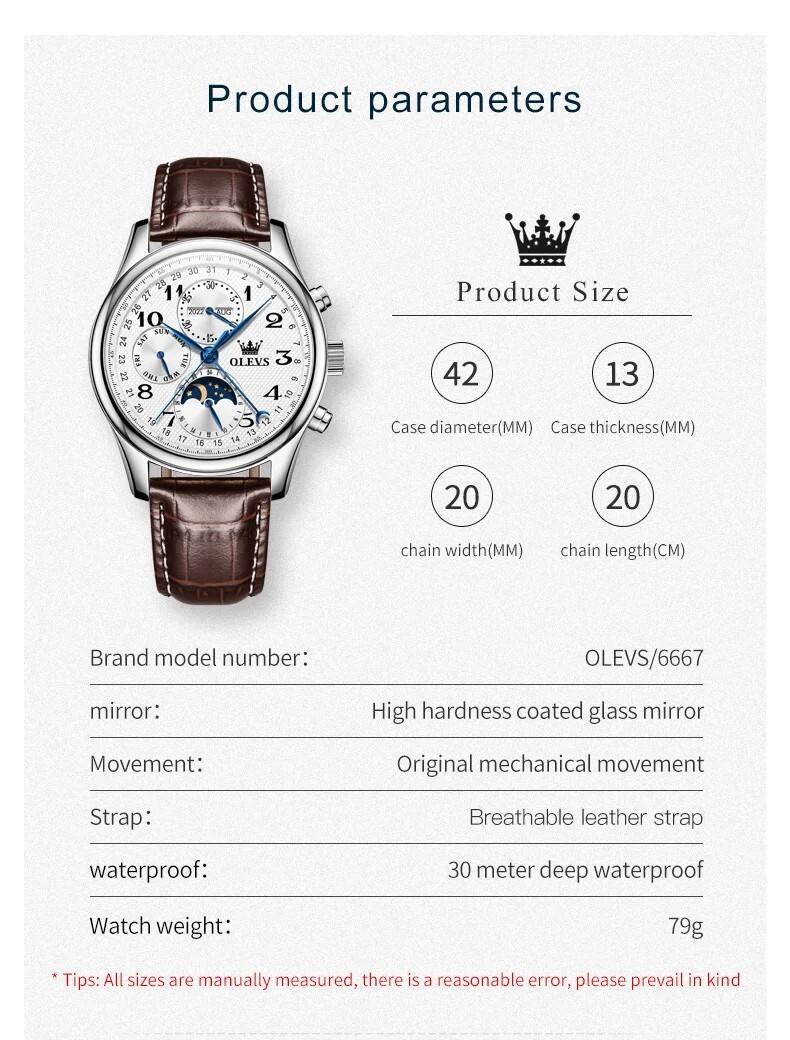 OLEVS Automatic Mechanical Watch Men’s Moon Phase Waterproof Leather Men Strap