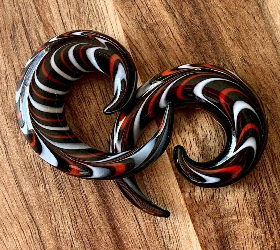 PAIR Red, White & Black Glass Spiral Tapers Expanders Plugs Gauges Body Jewelry