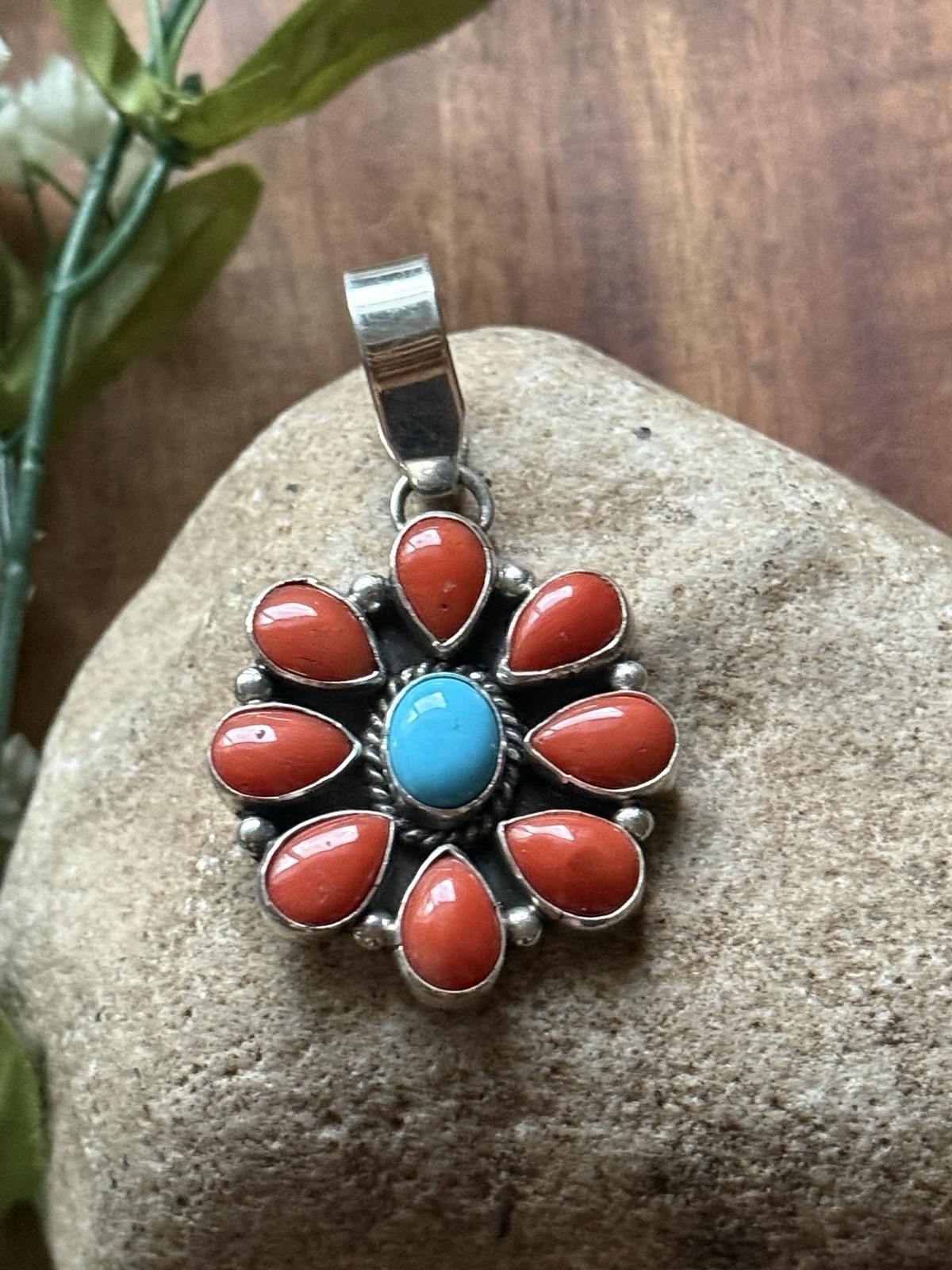 Navajo Sterling Silver Red Coral Turquoise Cluster Pendant LY