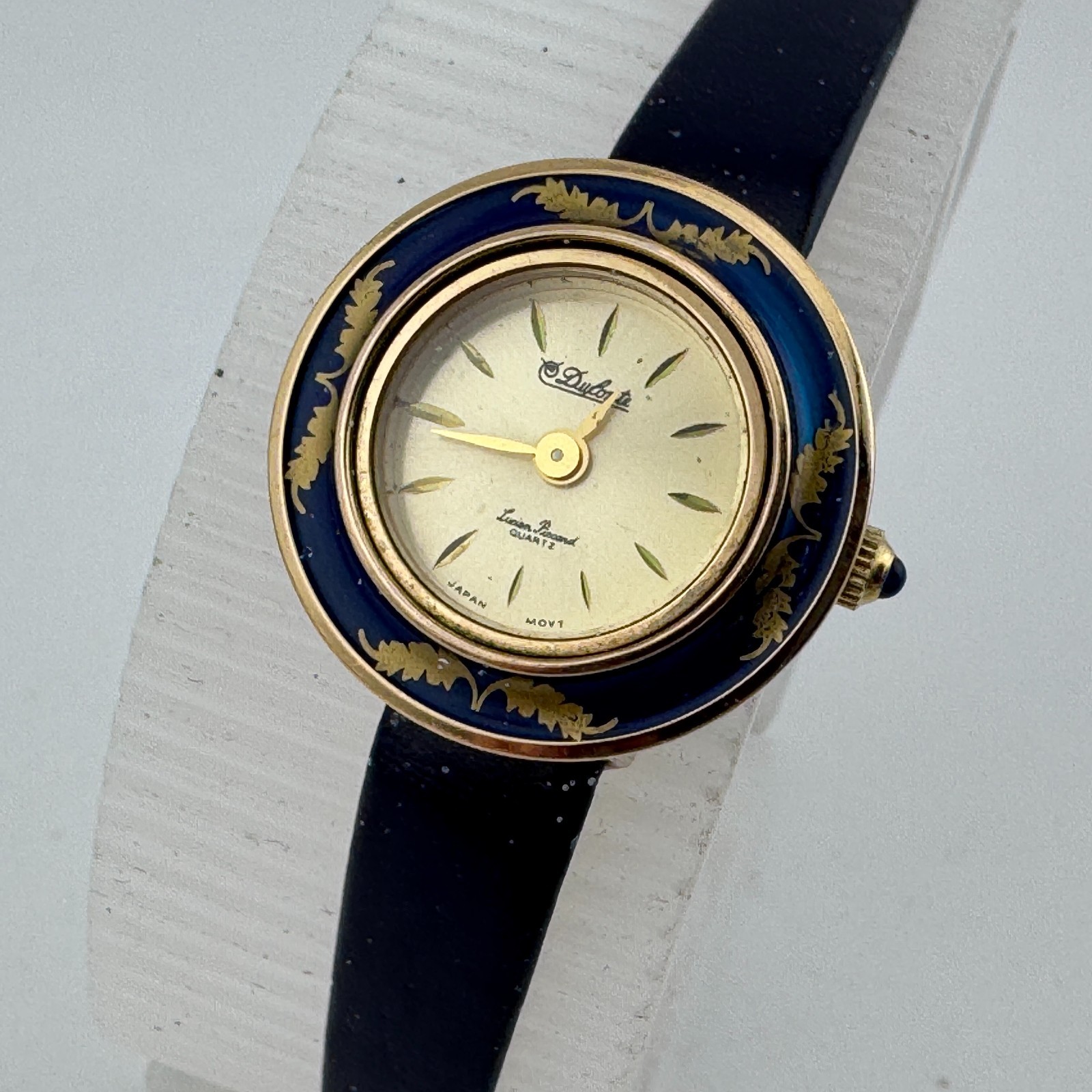 VTG Dufonte Quartz Watch Women 20mm Gold Tone Enamel Bezel Leather New Battery