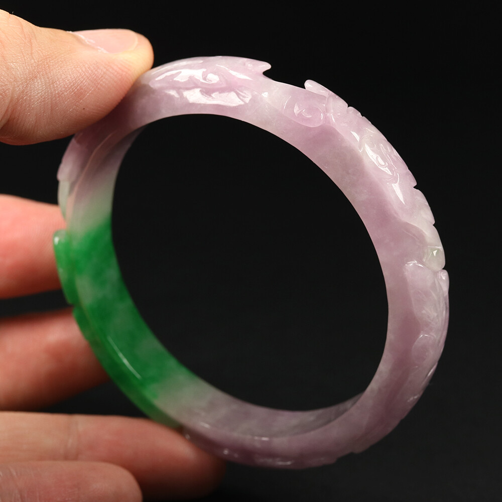 57mm Lavender Purple Green Jadeite Jade Bangle Bracelet Ruyi Bat Coin 11633