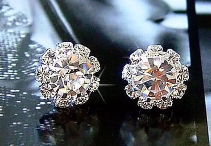 Silver Toned Clear Rhinestone Sunflower Stud Earrings Pierced Ears