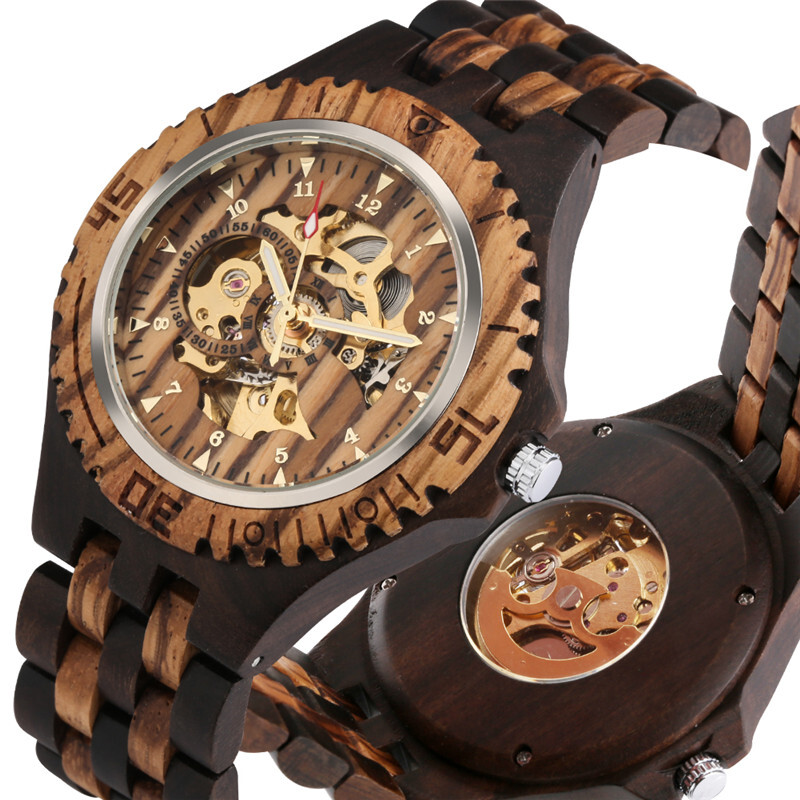 Casual Wood Watch Men Auto Mechanical Wristwatch Full Wooden Strap Luminous Hand