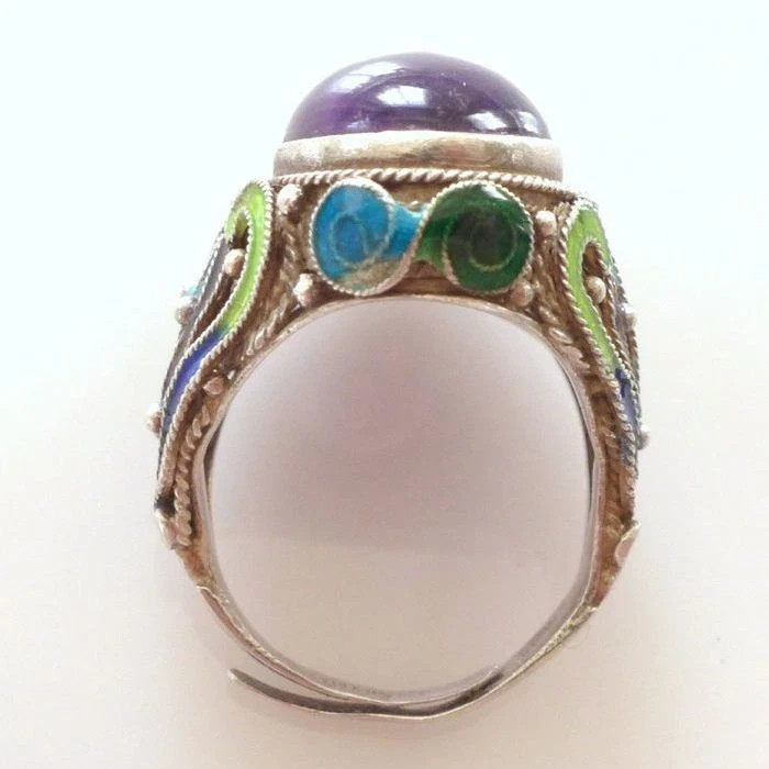 Vintage Chinese Silver Filigree Enamel Amethyst Bracelet Ring Set Jewelry