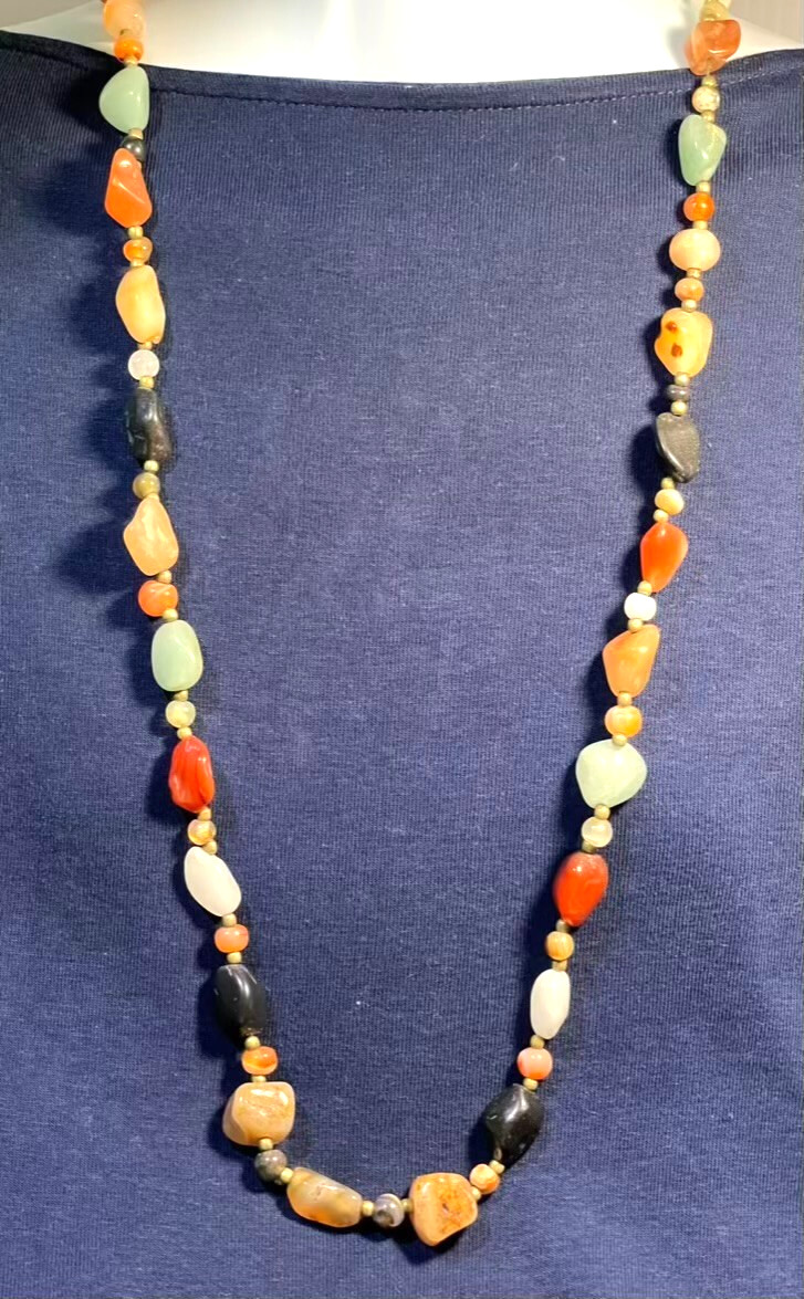 VTG Multi Color Stone Agate Carnelian Aventurine Nuggets Long Necklace 37in 96g