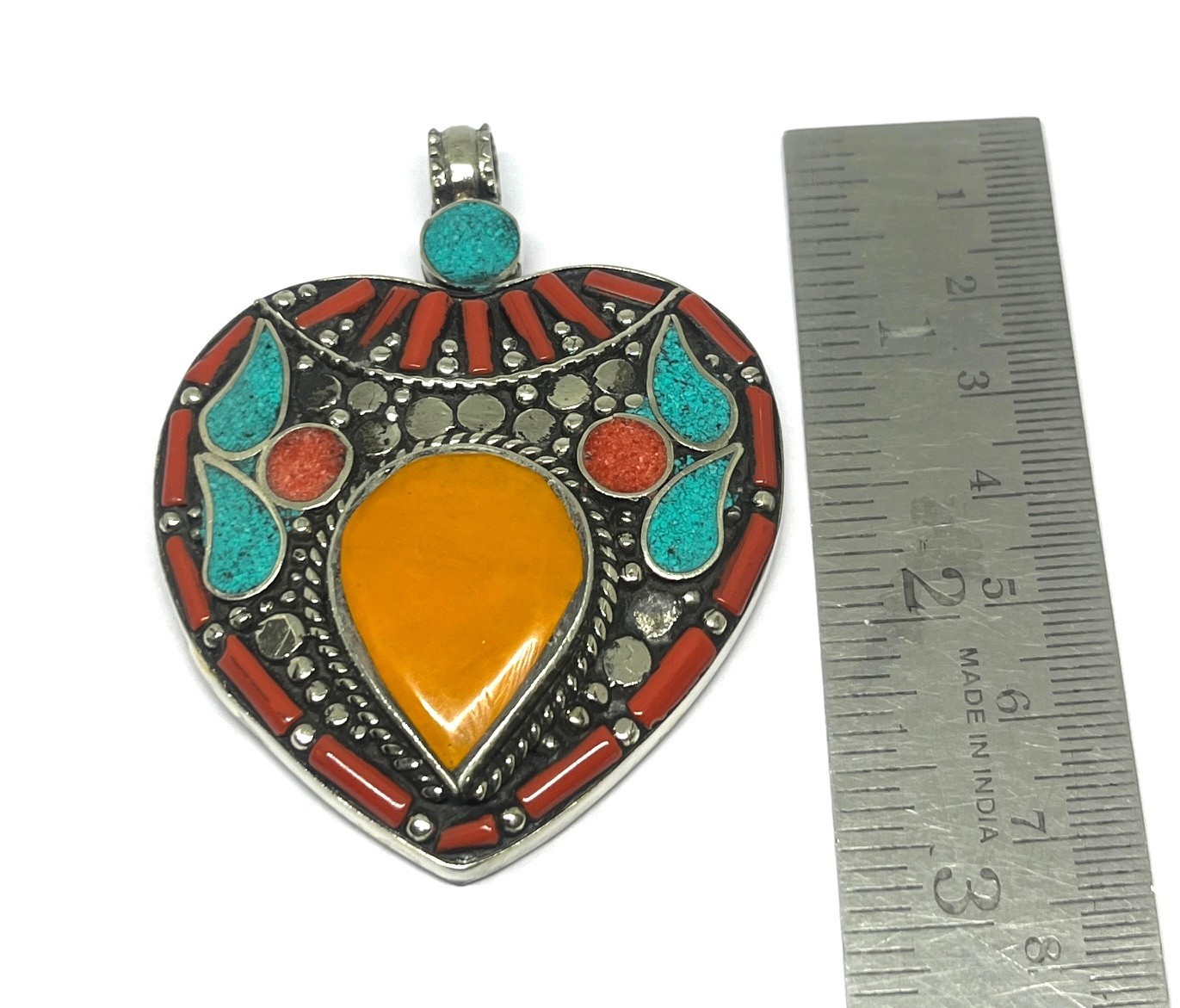 Vintage Coral Turquoise Amber Gemstone Tibetan Style Pendant Jewelry, 2.9 inch