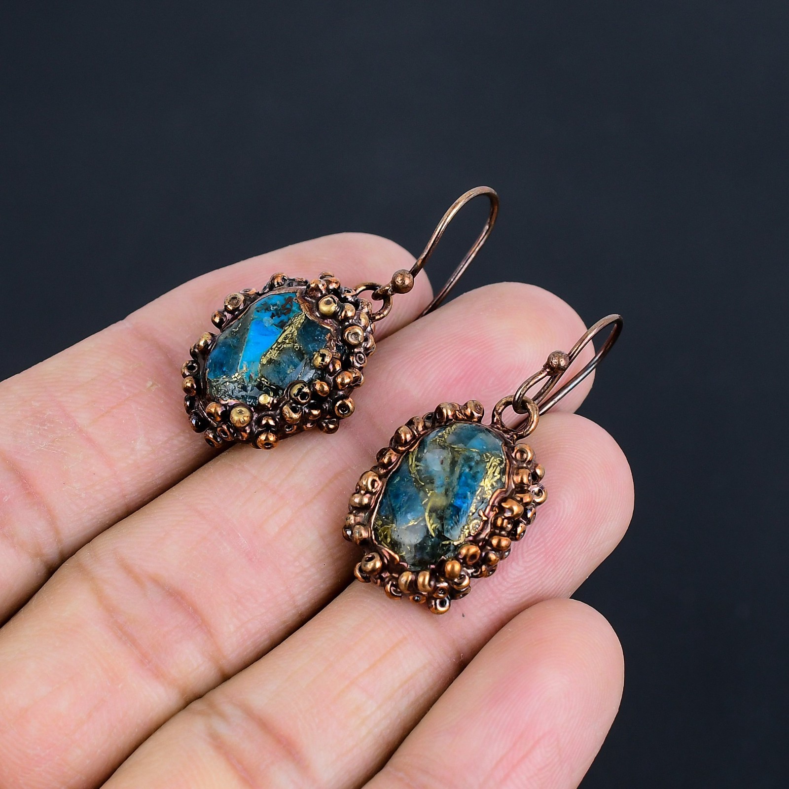 Copper Neon Blue Apatite Gemstone Copper Electroformed Handmade Earrings Jewelry