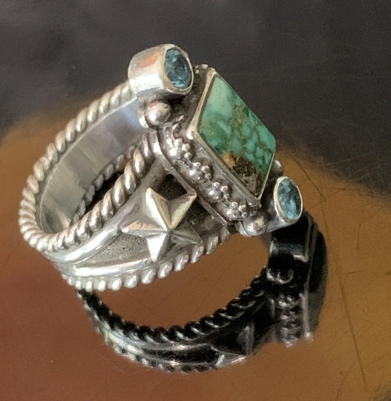 Artist Mona Van Riper Turquoise & Topaz Sterling Silver Ring Southwestern Ring
