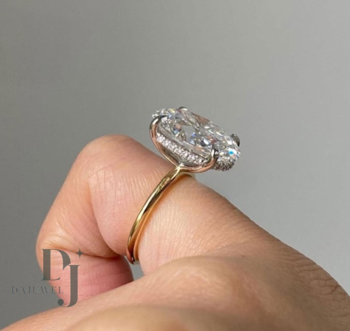Solid 14K Yellow Gold Moissanite Hidden Halo Engagement Ring 3.75 Carat Oval Cut