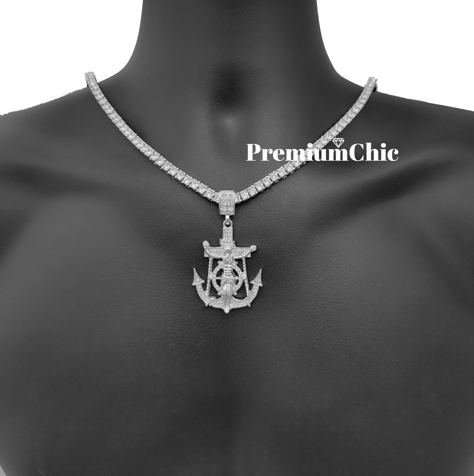 ICED Jesus Anchor & 5MM Tennis Chain Choker Plated Mens Hip Hop CZ Necklace