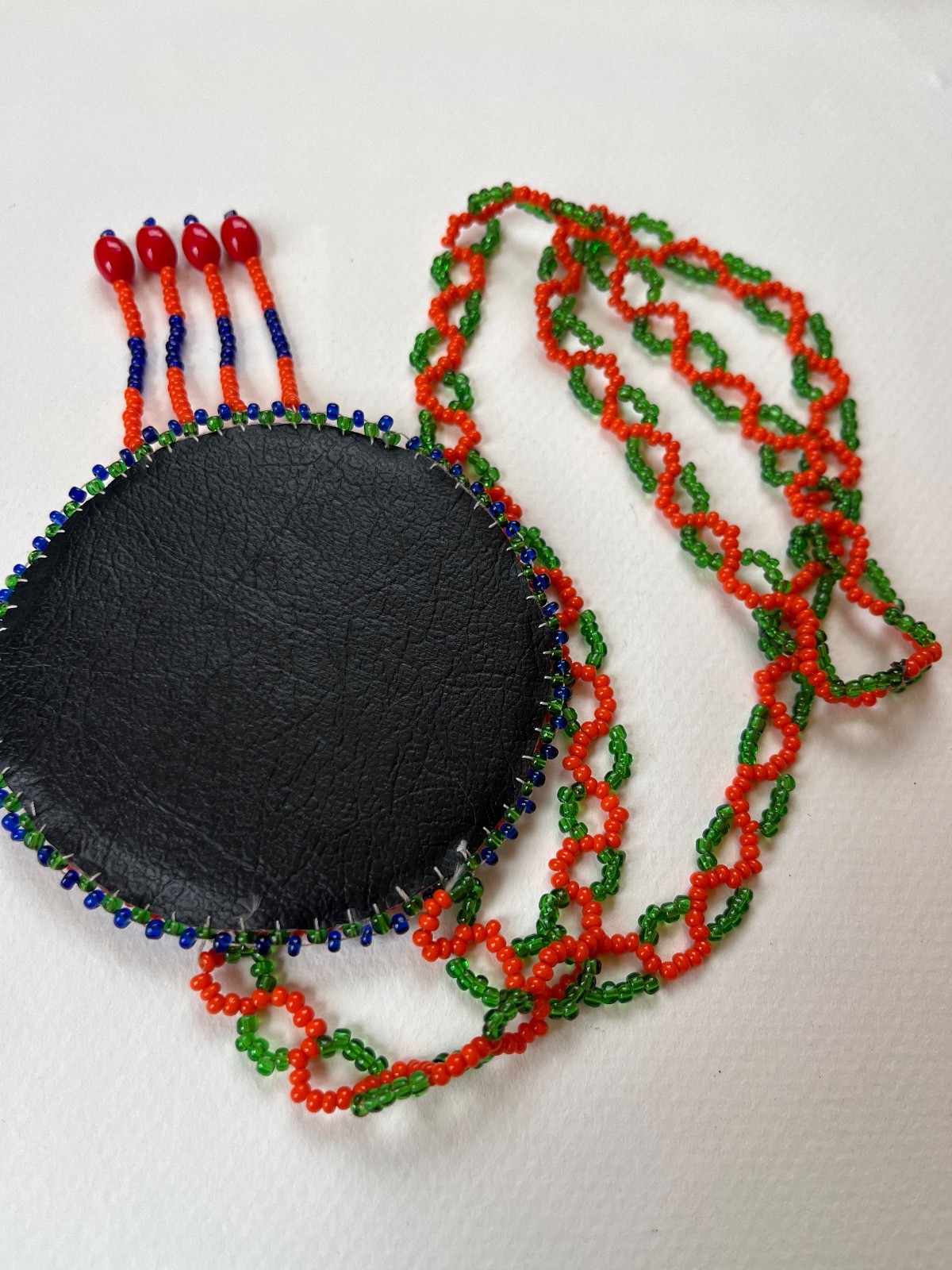 Orange & Green Beaded Chain w Large Blue Yellow Orange Bead Southwest Medallion