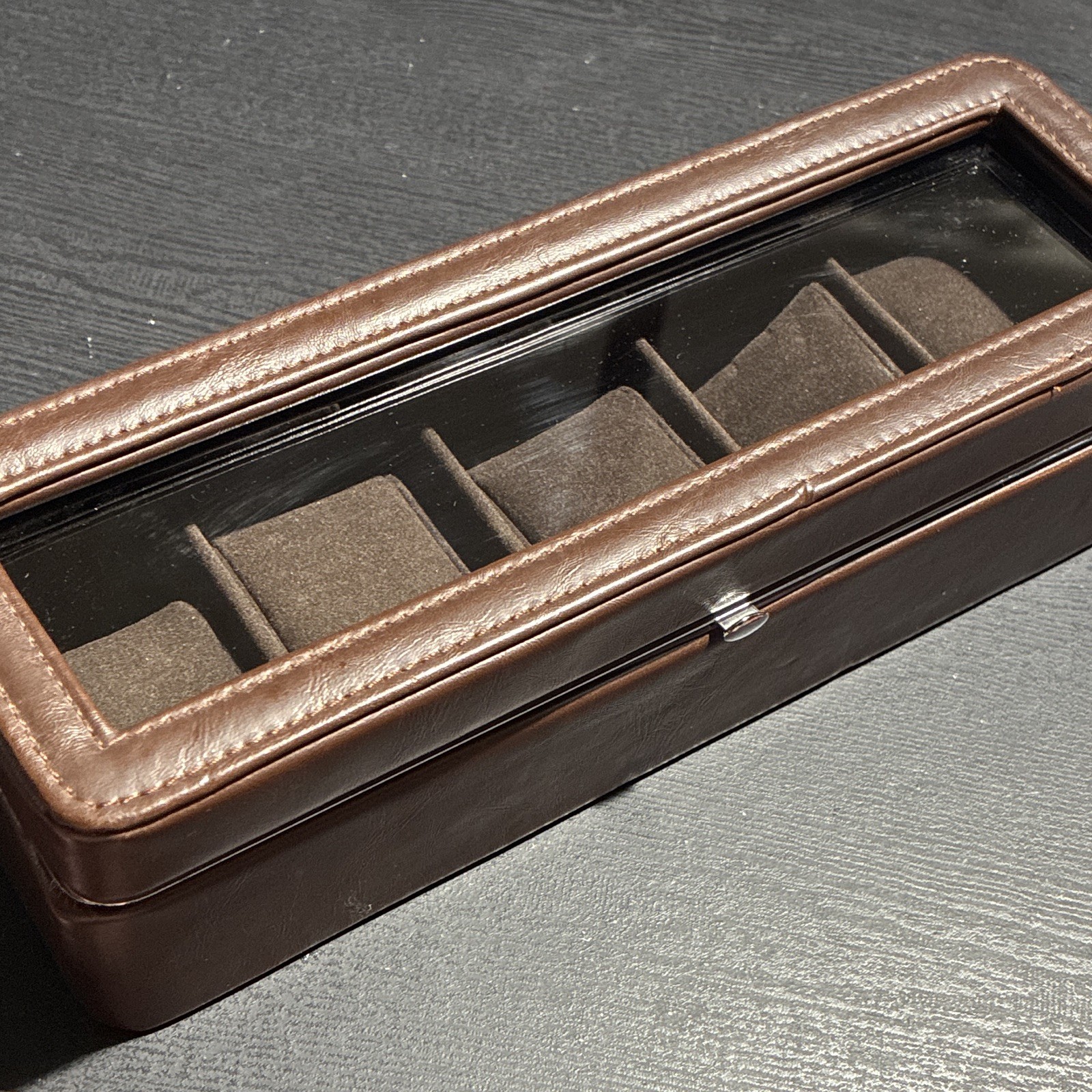 Berkshire Brown Faux Leather Watch Storage Box Case w/ Glass Lid, 5 Slot