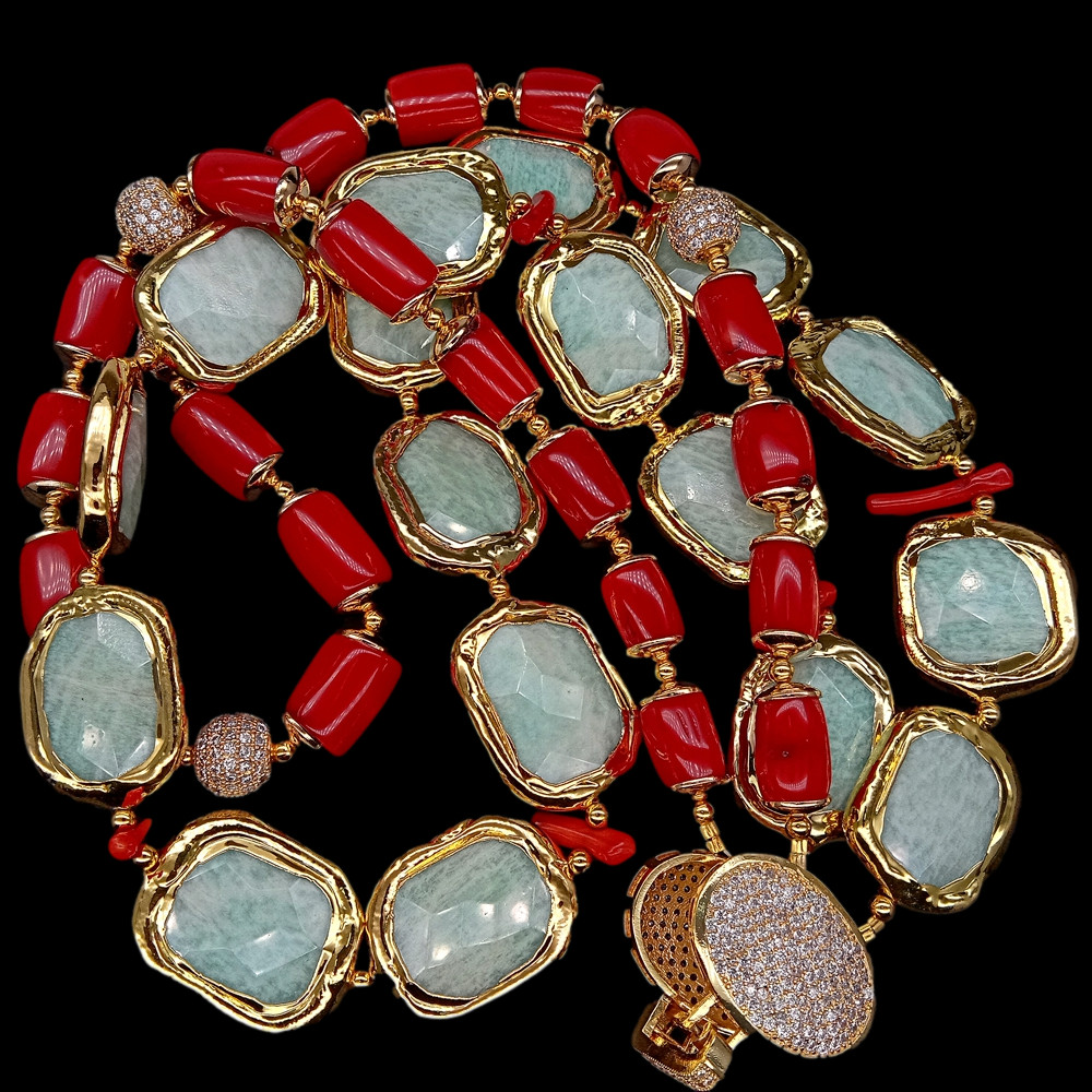 21″ 2 Strands Red Coral Green Amazonite Necklace Cubic Zirconia Pave Clasp