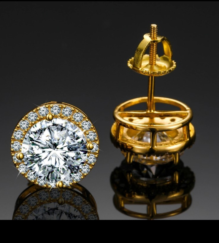 Round Halo Simulated Moissanite Stud Earrings, Yellow Gold Plated, White Gold