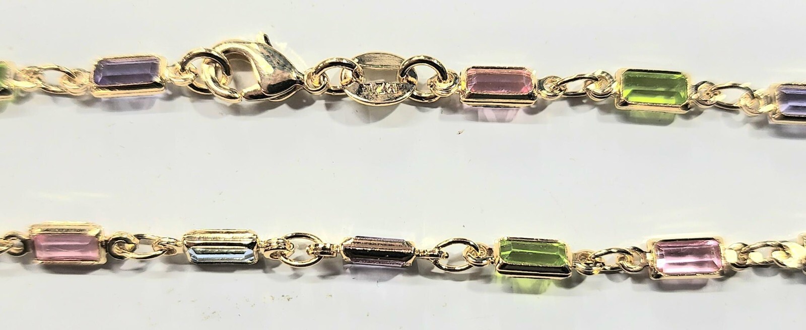 18k Gold Filled Thin Rectangle Bracelet Light Multi Color Stones 7.5 inch Long