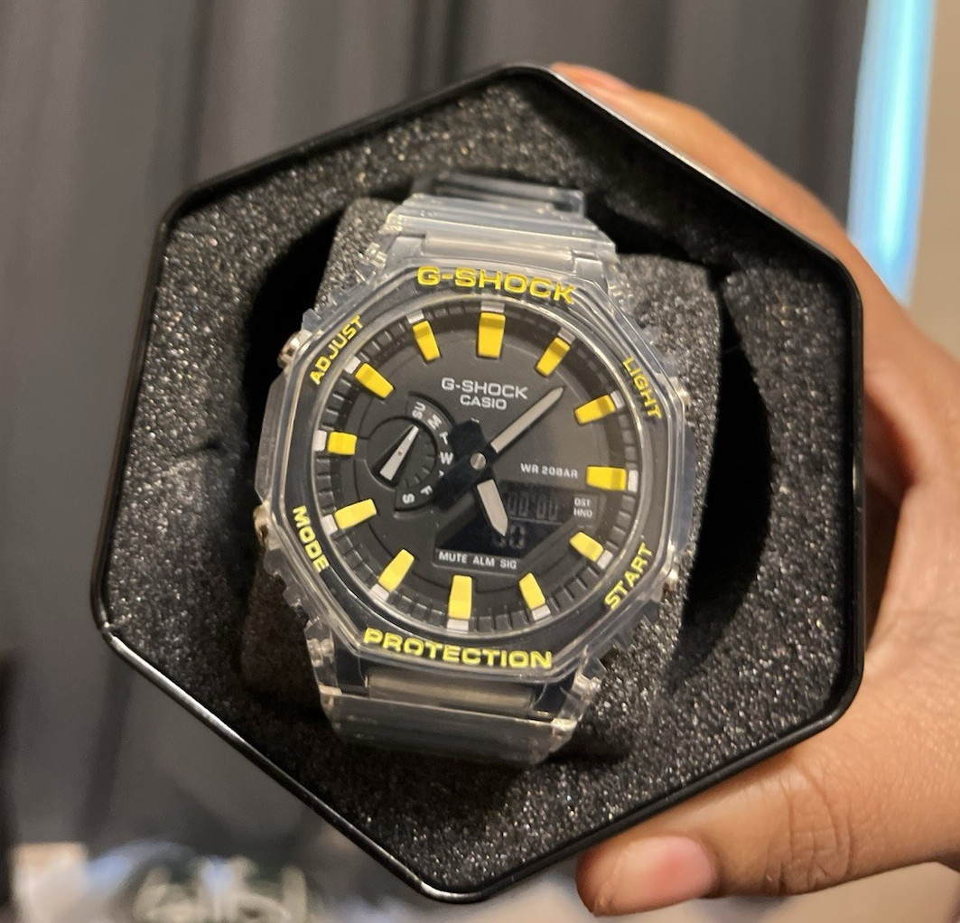 Casio G-SHOCK Analog/Digital Quartz Clear Resin Band Black/Yellow Dial 200m