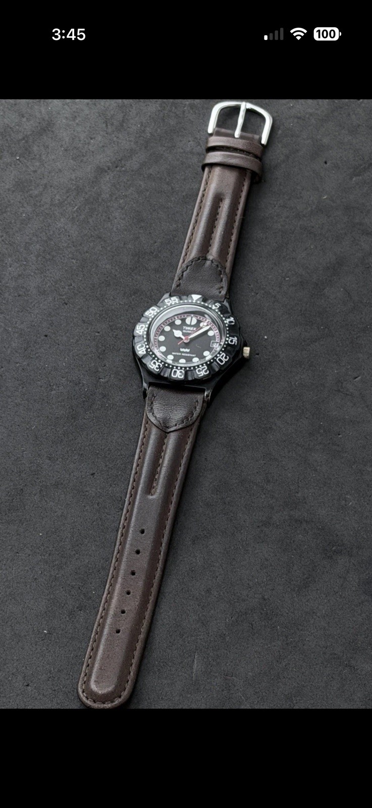 Vtg 1990 TIMEX Diver Men’s 36mm Quartz Watch Date Black Case Dial Brown Leather