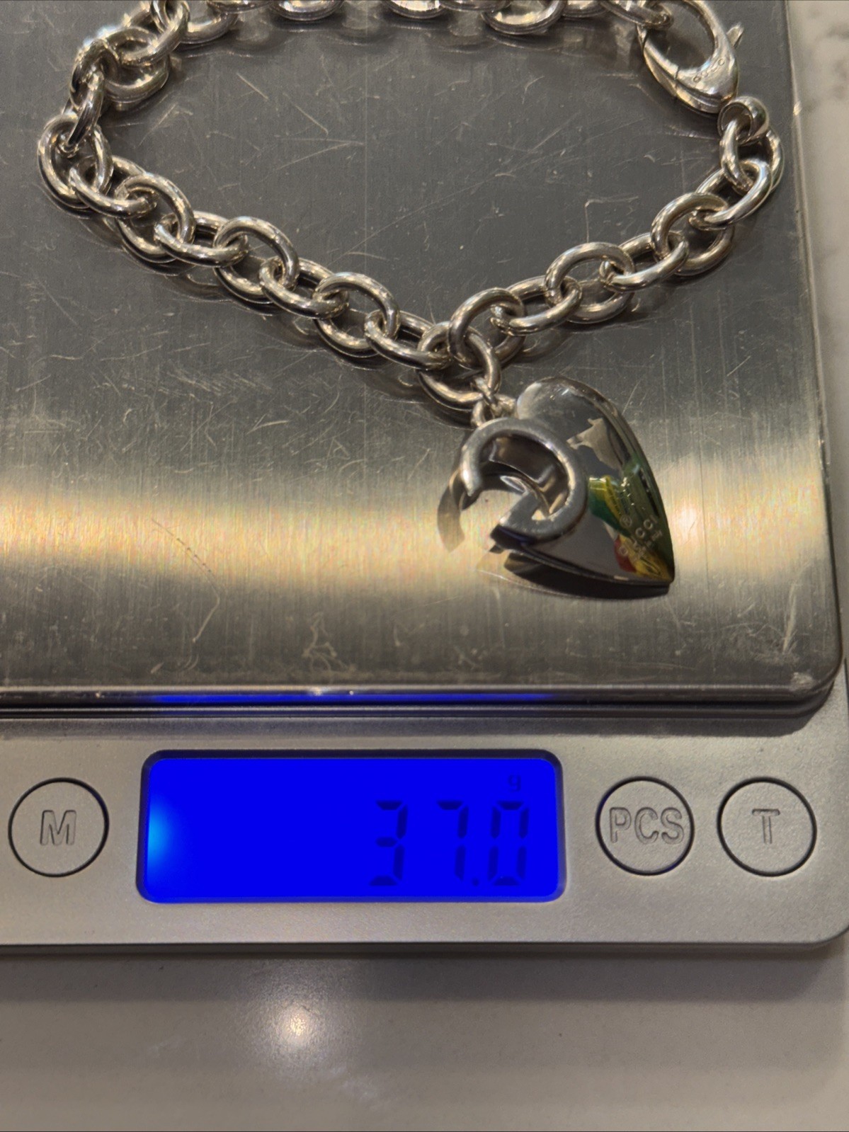 Auth GUCCI HEART CHARM *G* .925 STERLING SILVER Chain Bracelet 7.5”