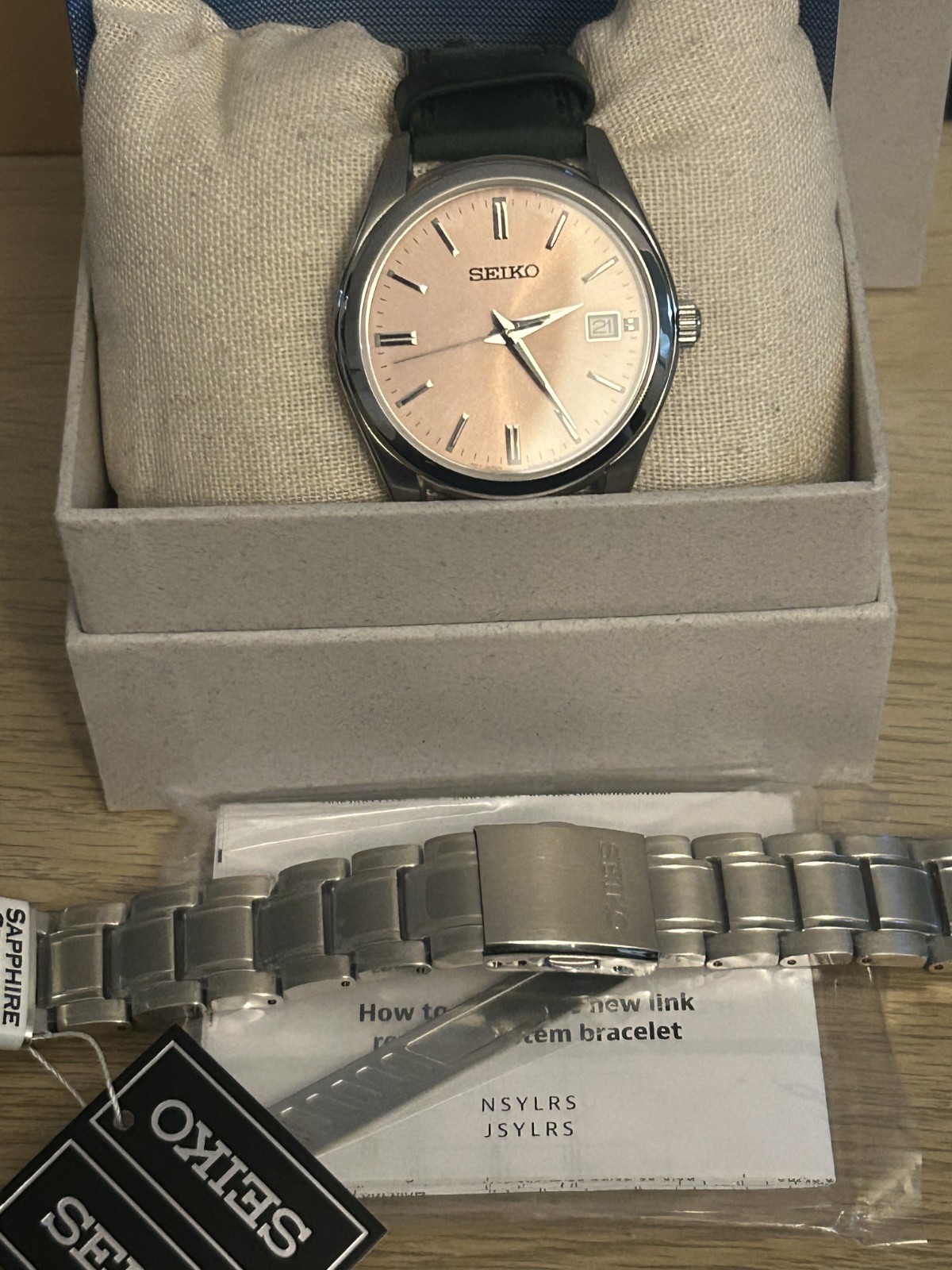 Seiko SUR523 Salmon Pink Sapphire Crystal Full Kit Mens Bracelet & Leather Strap