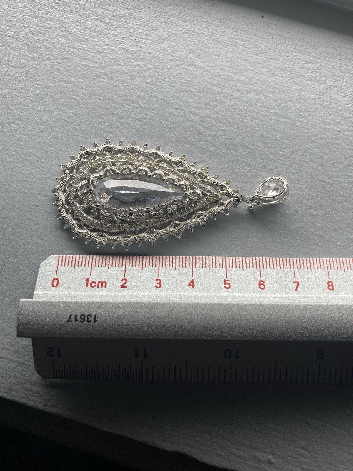 Big, Ornate Wedding Cocktail Party Teardrop Silver Pendant. Gem. Clip Bale.