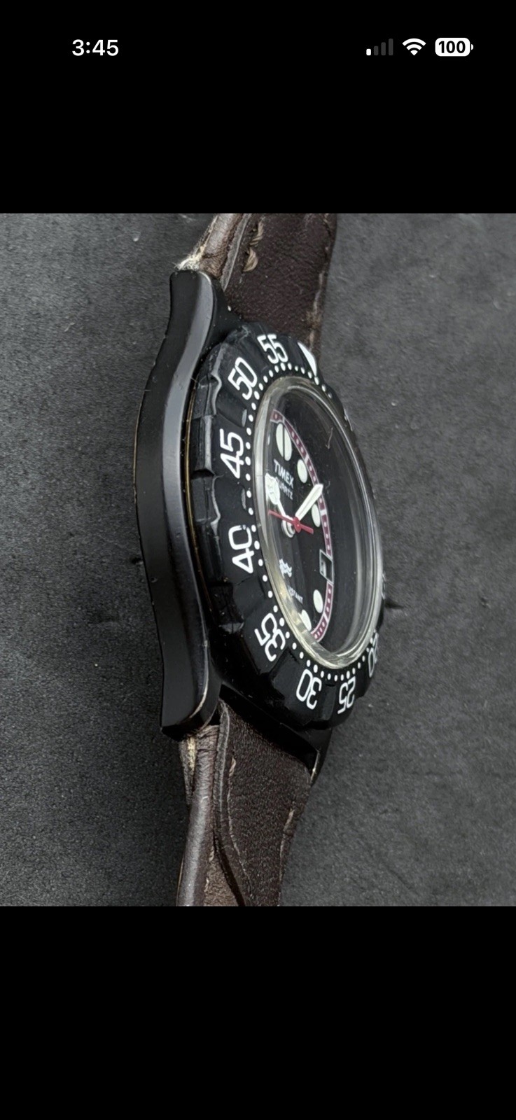 Vtg 1990 TIMEX Diver Men’s 36mm Quartz Watch Date Black Case Dial Brown Leather