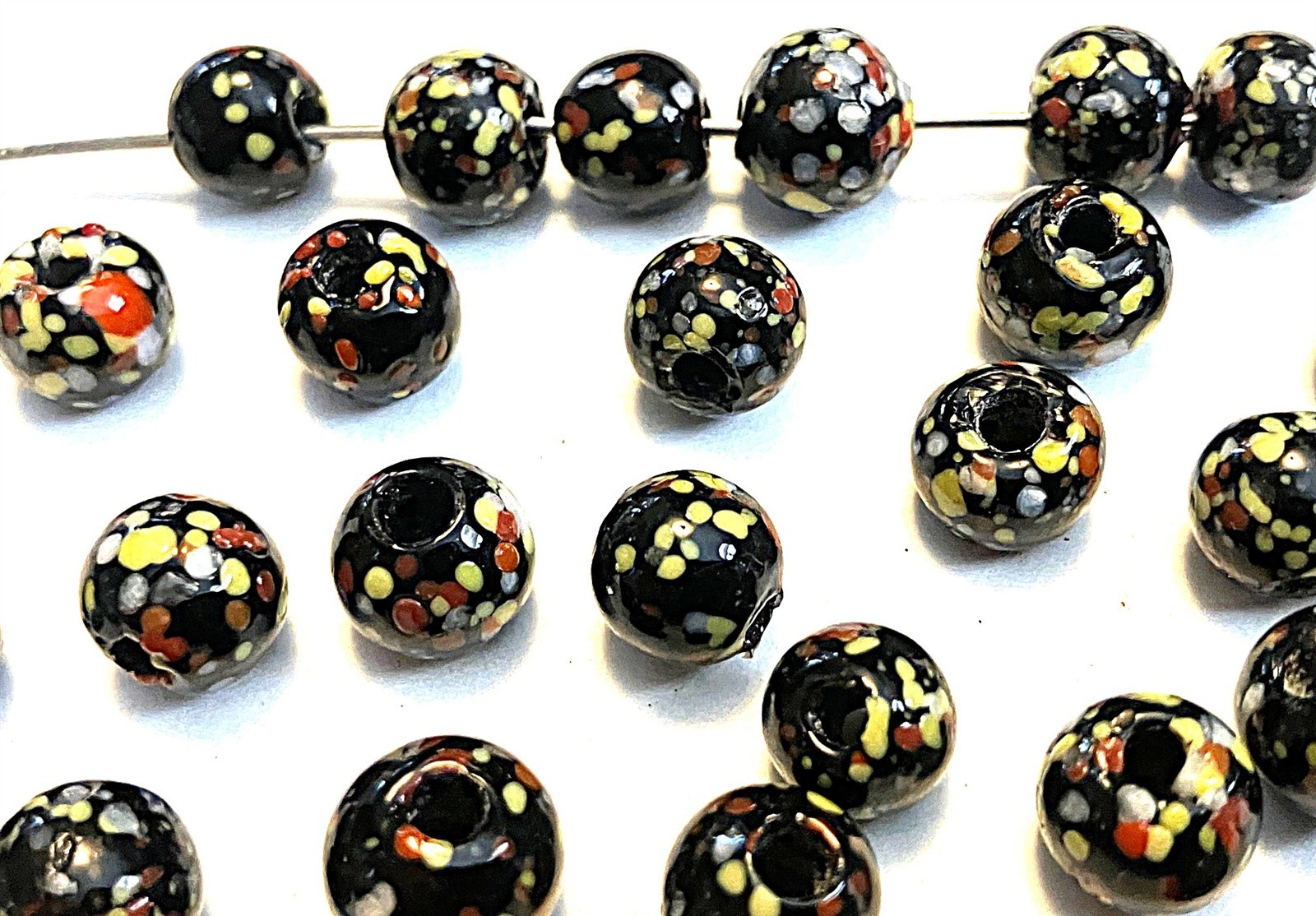 18 Vintage Japan Millefiori Jet Black Handmade Glass 8mm To 9mm Round Beads D40