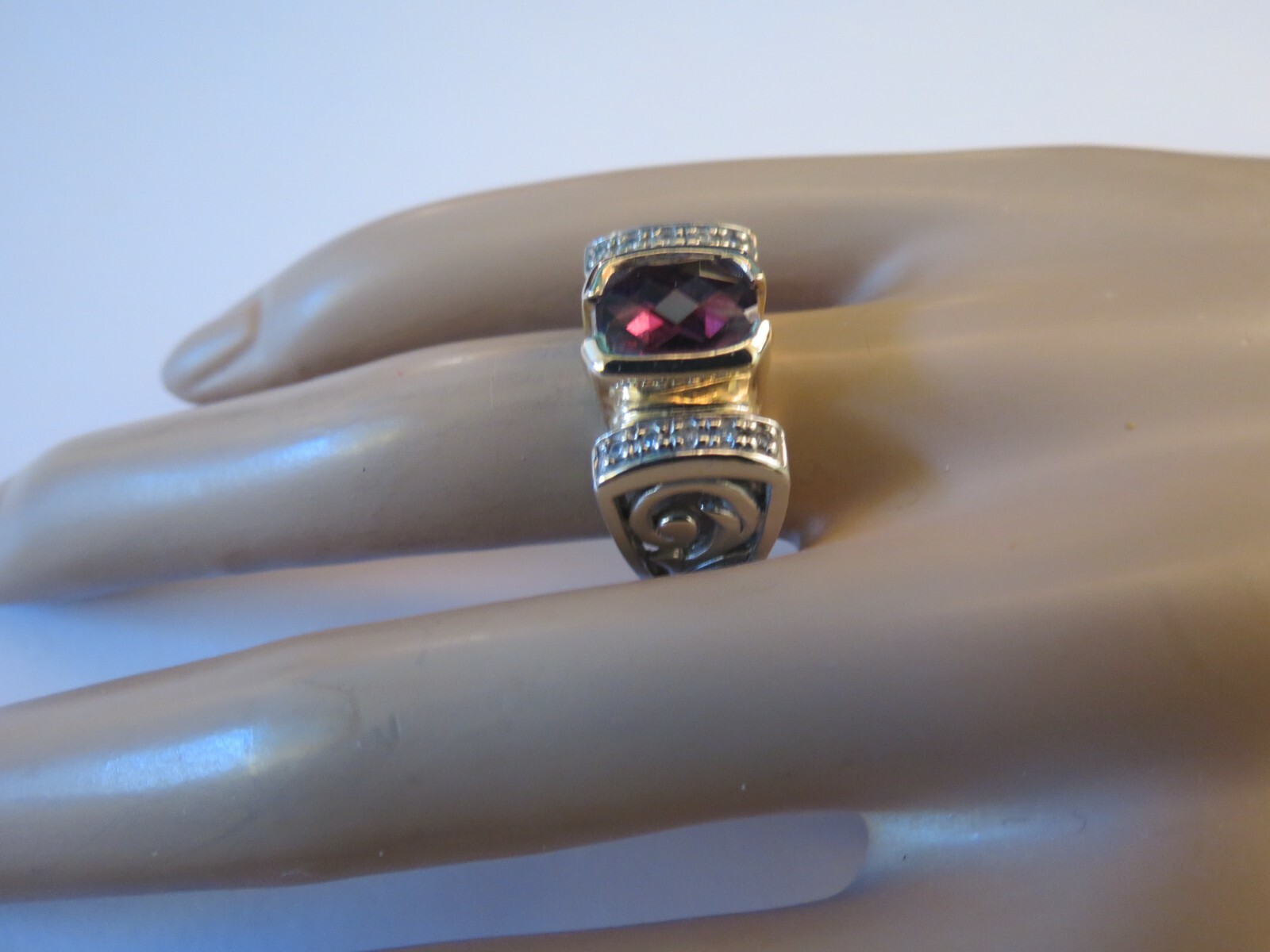 14k Rhodilite Garnet Diamond White Gold Checker Board Cut SZ 7 Designer NH 7.16g