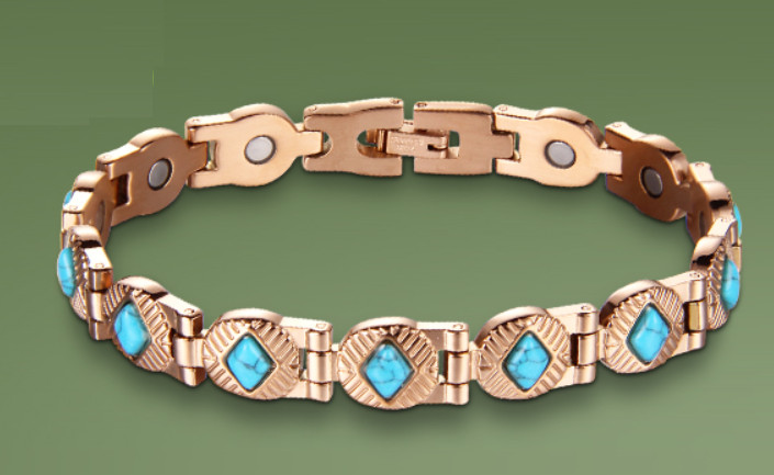 Stainless Steel Rose Gold Plated Link Magnetic Bracelet With Turquoise Stone