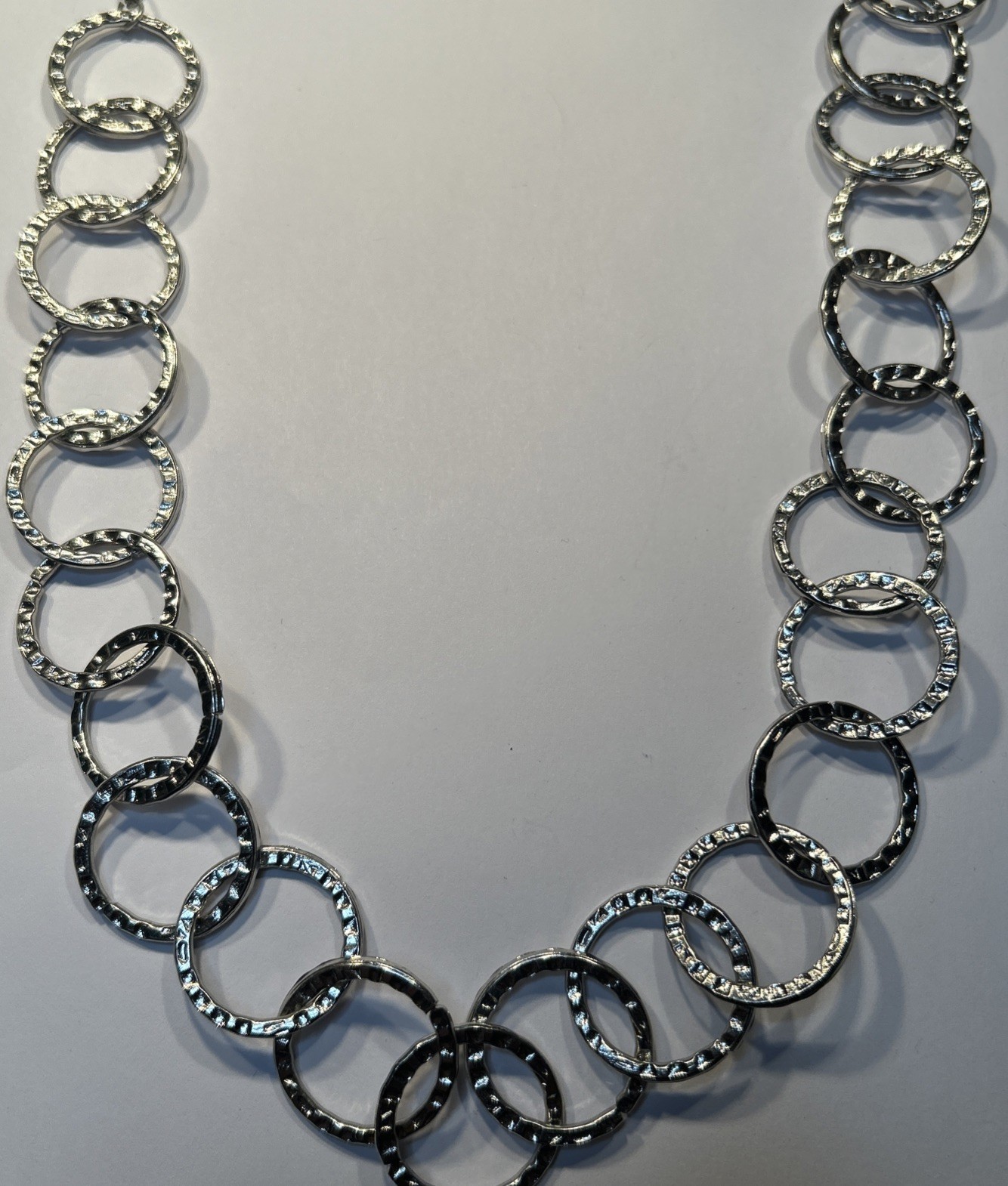 Women’s Silver Hoop Chains Necklace 28” Loops Circles Overhead No Clasp Wear NEW