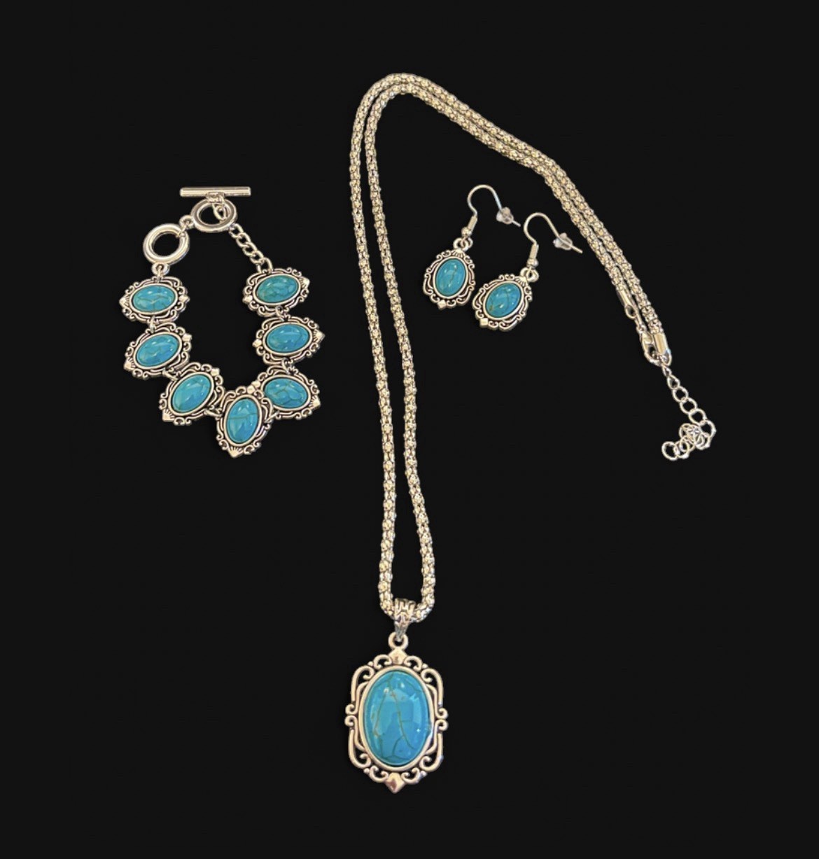 Turquoise Jewelry Set 3-pcs Boho Necklace Bracelet Earrings，Healing Stone