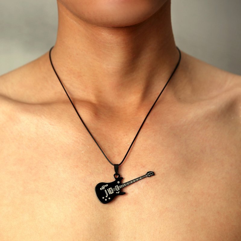Fashion Men’s Unisex Stainless Steel Guitar Pendant Leather Necklace Jewelry New