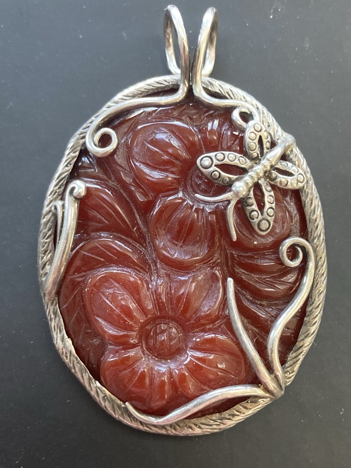Carnelian Agate Butterfly Flower Big PENDANT Sterling Silver 925 Red Necklace