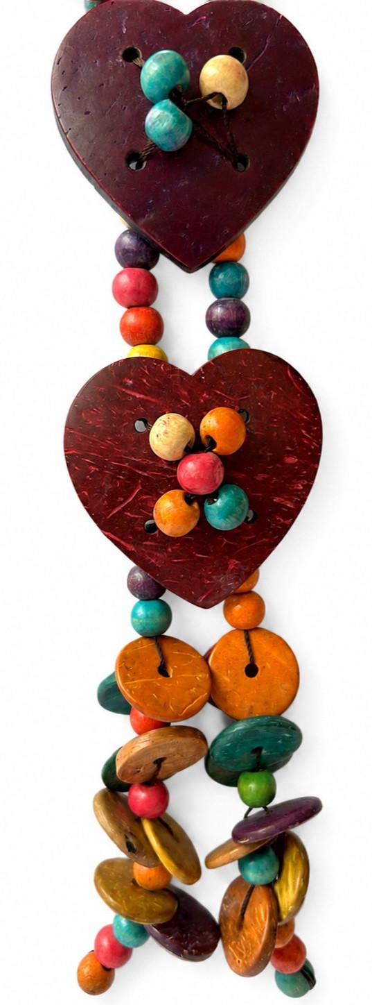 Boho Wooden Bead Necklace Coconut Shell Heart Pendant Handmade Hippie Jewelry