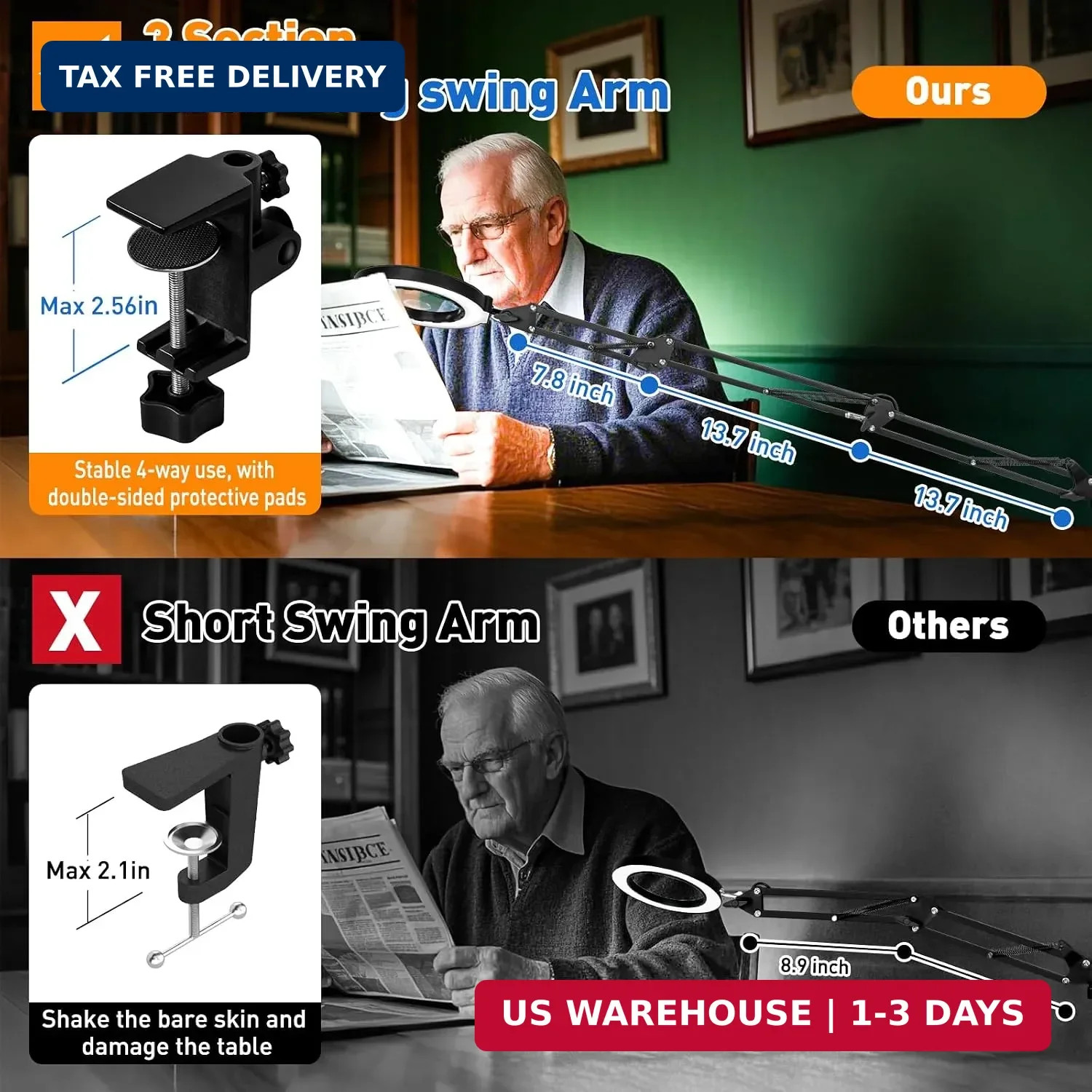 Ultra Long 3-Section Swing Arm 12X 30X Magnifying Glass with Light | 4-Way Large