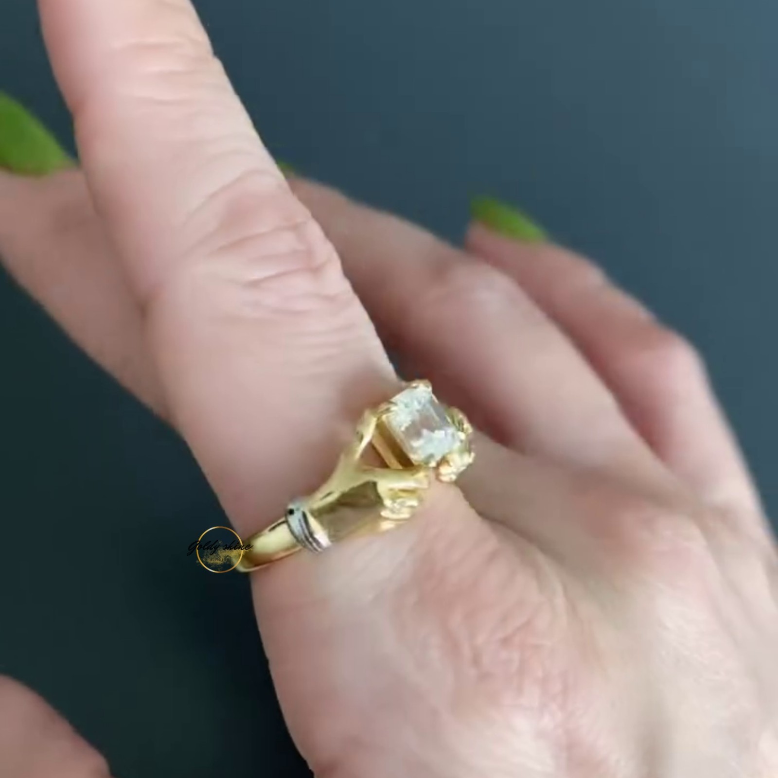 1 Ct Asscher Cut Moissanite Grasping Hands Artistic Ring 14K Yellow gold plated