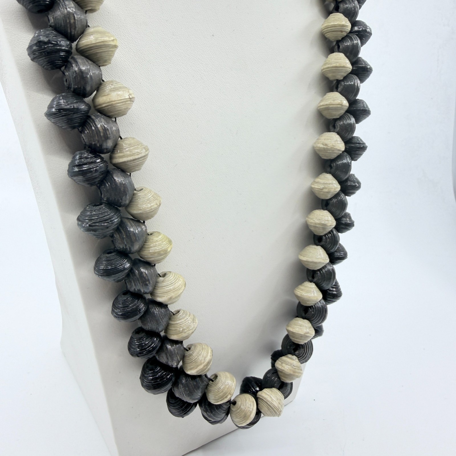 Vintage Boho Black Cream Handcrafted Rolled Paper Bead Strand Statement Necklace
