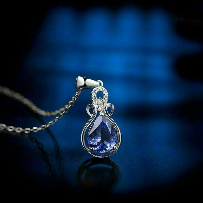 Delicate 2Ct Pear Cut Tanzanite Solitaire Women’s Pendant 14K White Gold Finish