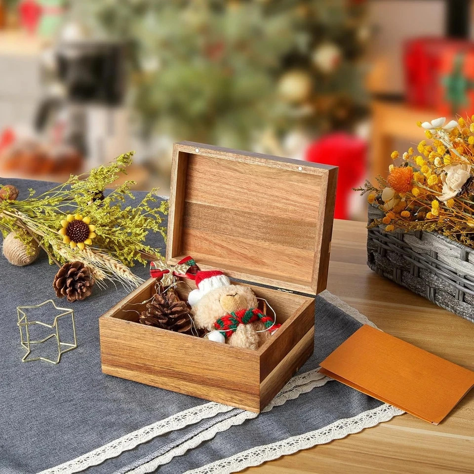 Keepsake Box, Acacia Wood Memory Box with Hinged Lids, Wooden Jewelry Box, Small