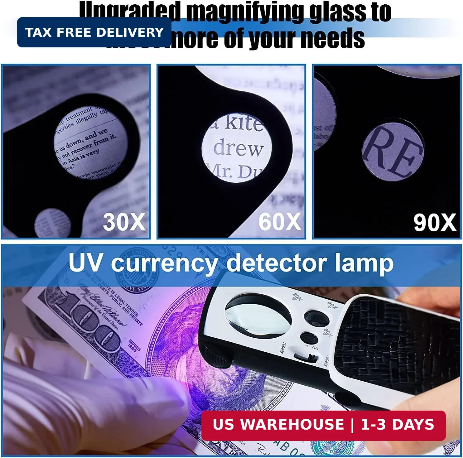 HMKIS Jewelers Loupe, 2 Pack Magnifying Glass with Light, 30X 60X 90X Jewelers L
