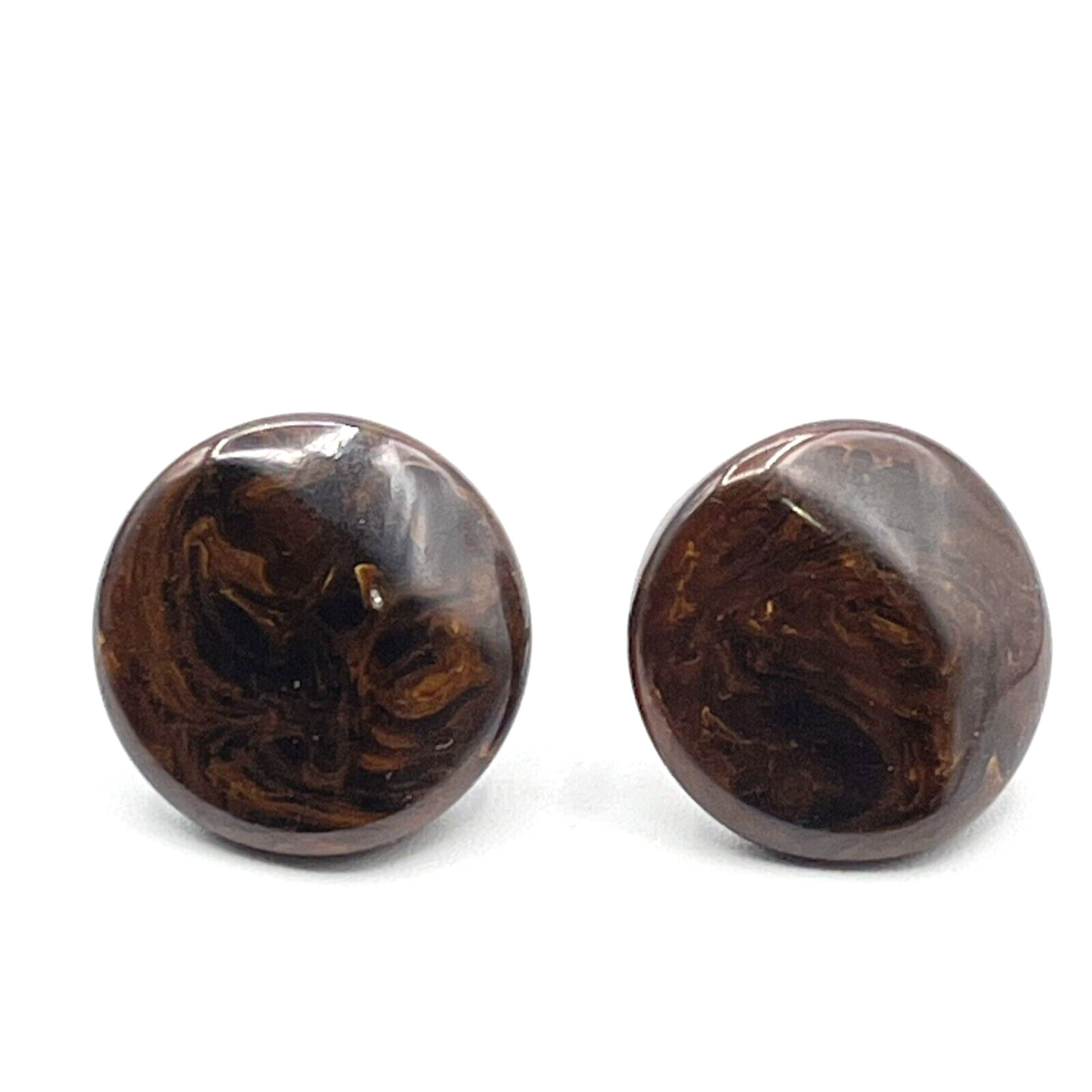 Vintage Mod Bakelite Marbled Brown Disc Button Screwback Earrings 1″
