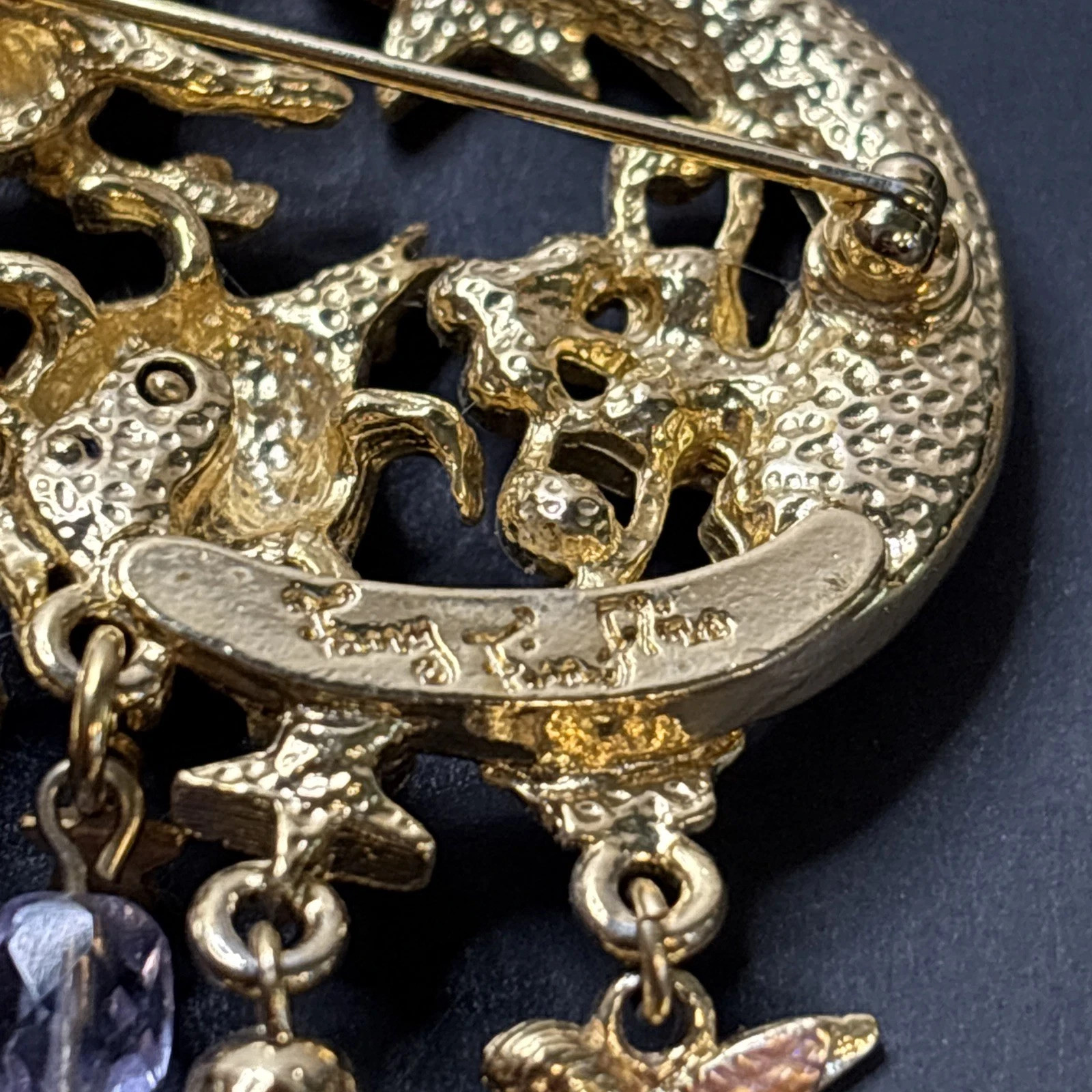 Signed Kirks Folly Fairy Fireflies Brooch Pin Dangle Stars Moon Flowers flies