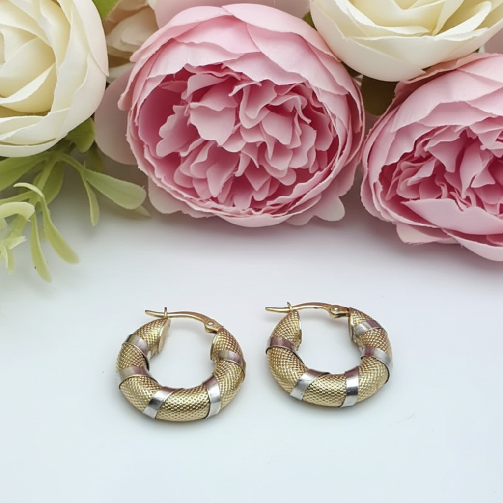 10K Yellow White Gold Textured Hoop Earrings Hinged Snap Closure 20.6mm