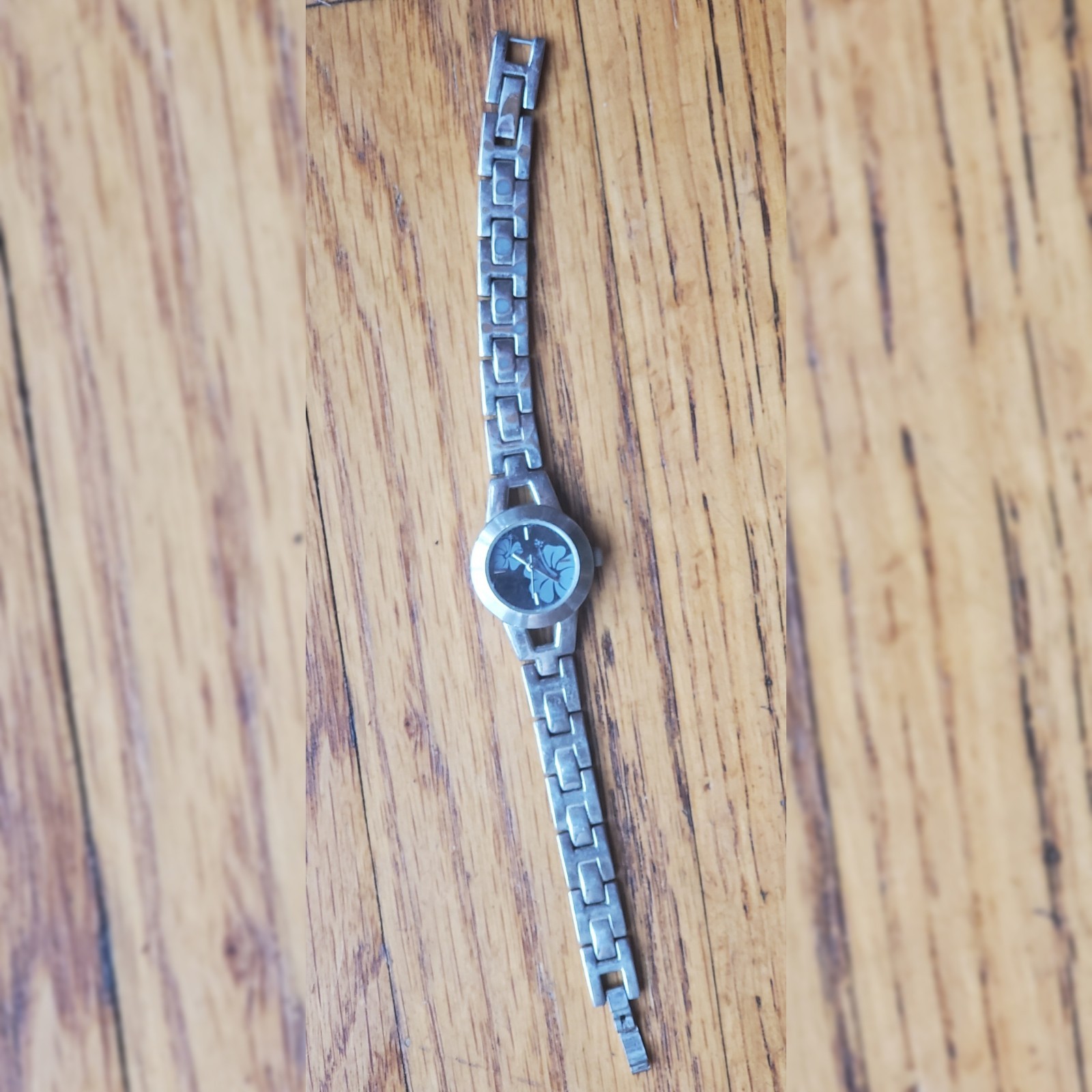 PANAMA JACK ‘Surf Girl’ Watch Vntg – Blue Flowers, Silver Link Band – Not Tested