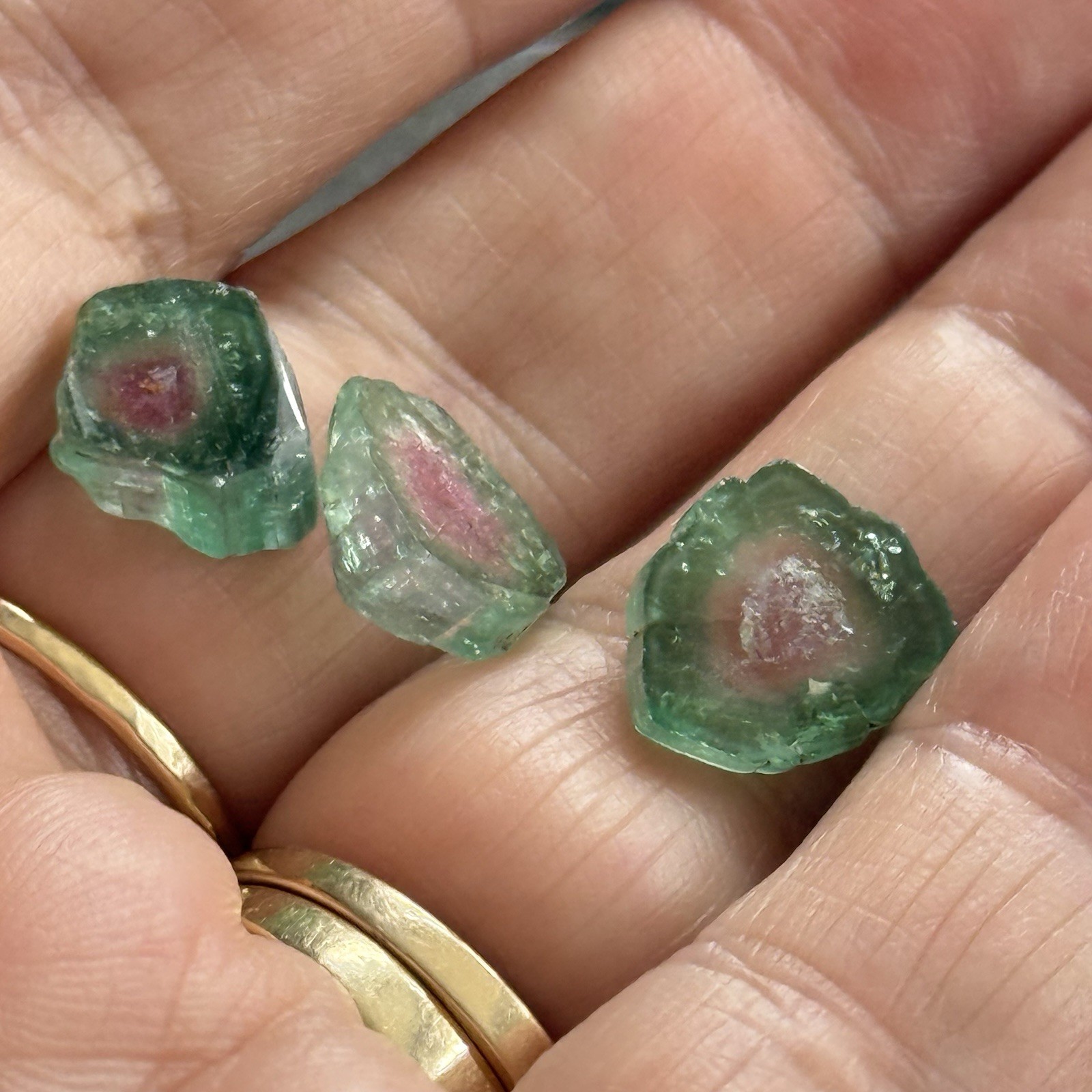 14ct 11-12×2.8-4.7mm 3pc Lot Pink Green Watermelon Tourmaline Slices Cabochons