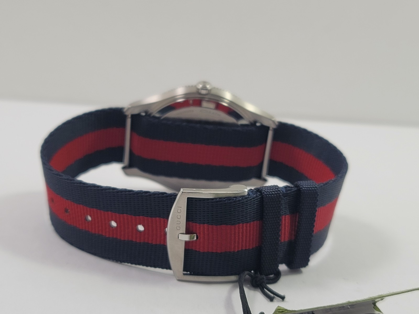 Gucci G-Timeless SWISS Quartz Silver Dial Blue Red Nylon Strap Watch YA1264237